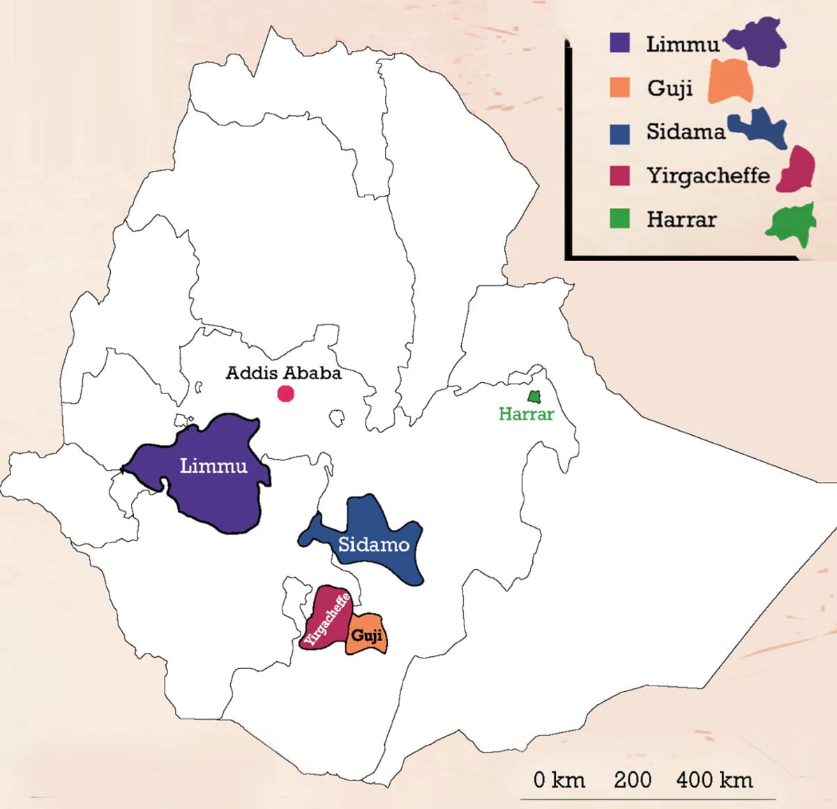 Ethiopia Coffee Growing Regions Map