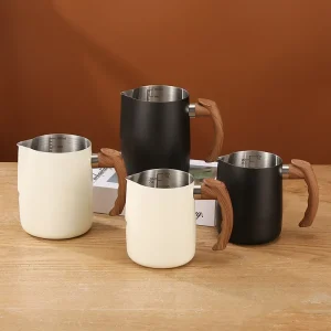 Coffee Milk Frothing Pitcher Jug 304 Stainless Steel With Scale Wooden Handle Eagle Spout Latte Coffee 1