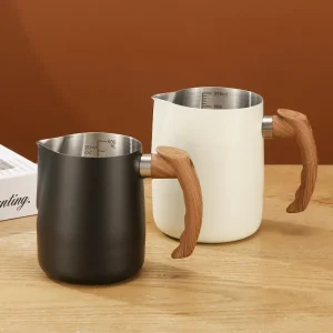 Coffee Milk Frothing Pitcher Jug 304 Stainless Steel With Scale Wooden Handle Eagle Spout Latte Coffee
