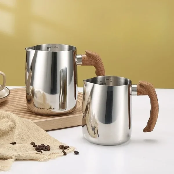 Coffee Milk Frothing Pitcher Jug 304 Stainless Steel With Scale Wooden Handle Eagle Spout Latte Coffee 2