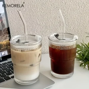 1 2pcs 450ml Stripe Glass Cup Transparent Glasses With Lid And Straw Ice Coffee Mug Tea 1