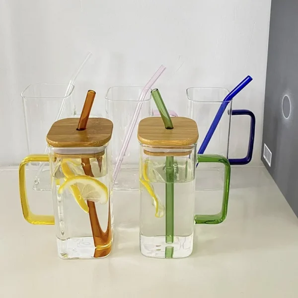 350ml Square Mug With Lids And Straws Single Colored Handle Layer Drinking Glass Cups For Iced
